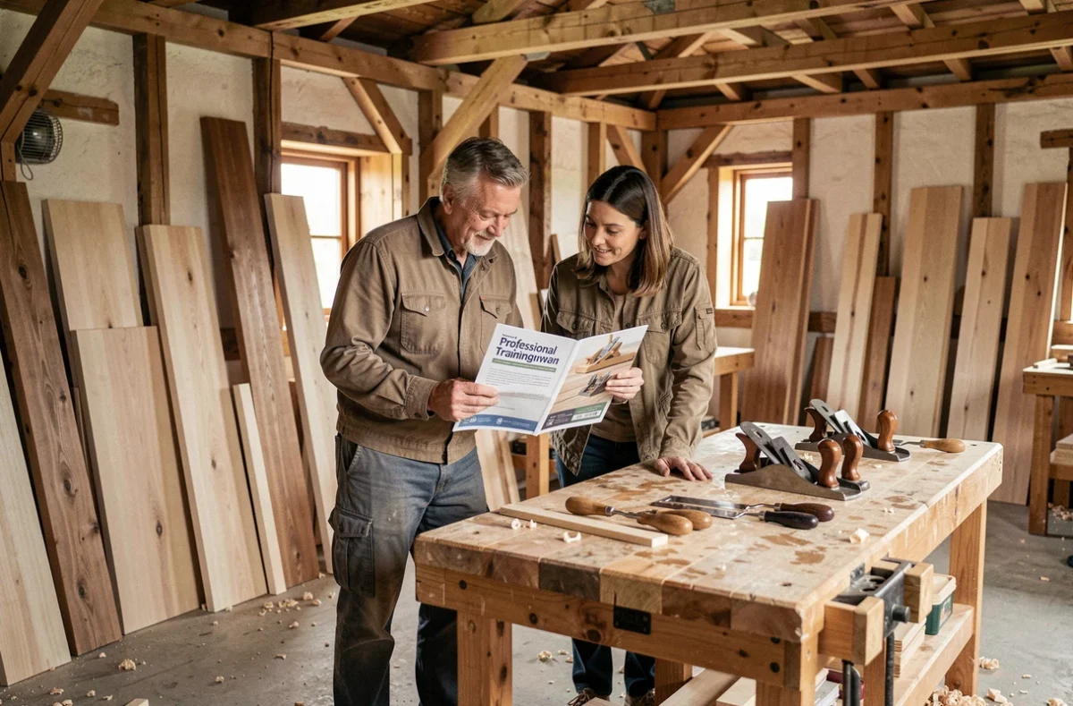 Deux adultes dans un atelier de menuiserie consultent ensemble une brochure sur les formations en menuiserie et leurs financements possibles