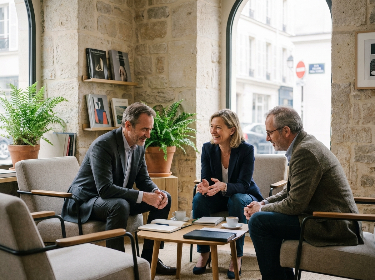 Trois cadres en discussion dans un lounge parisien
