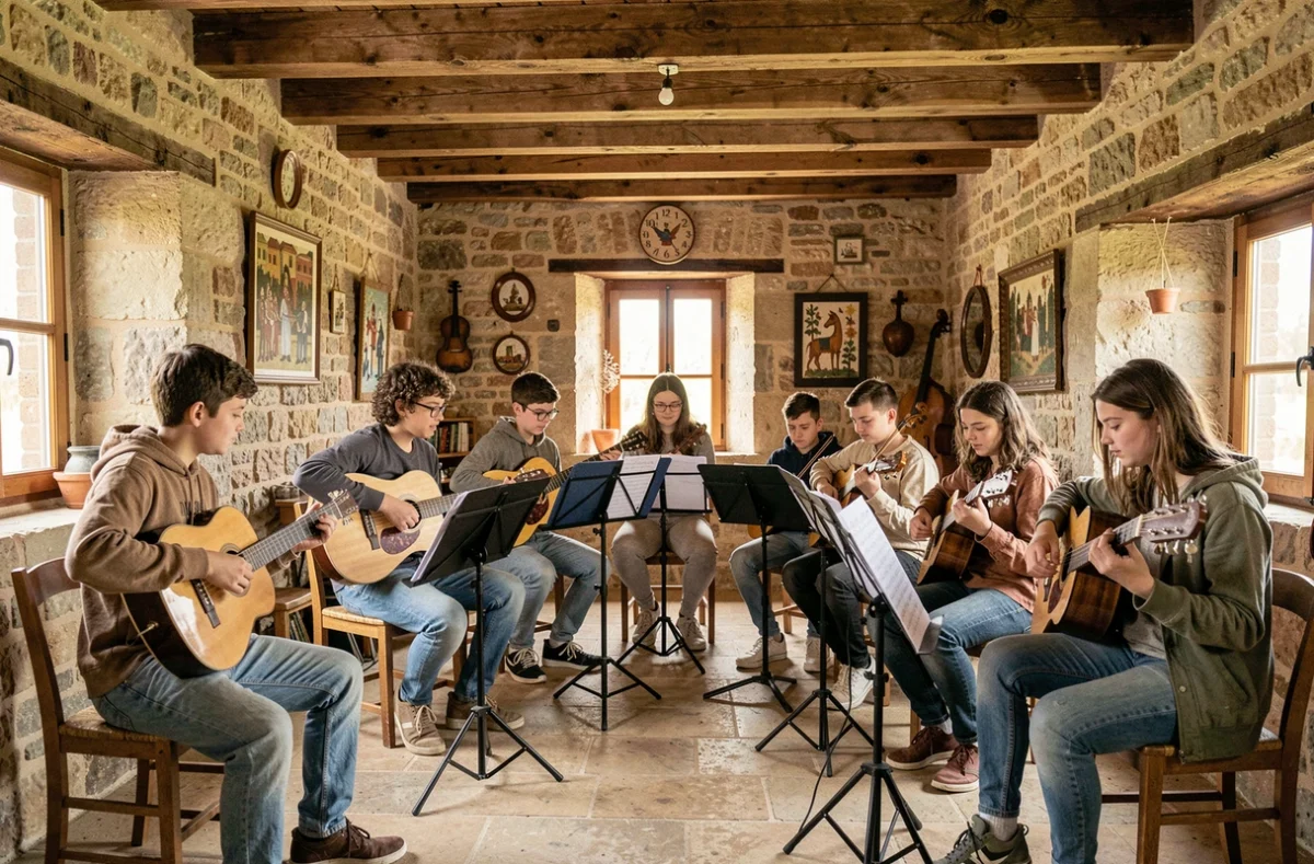 Groupe d'élèves jouant ensemble dans la salle de musique de l'École de musique et des arts des Hauts de Gironde