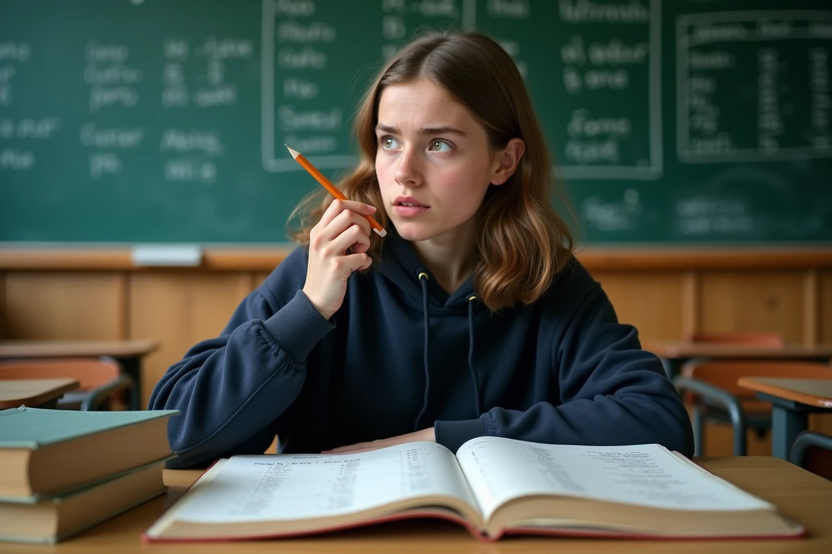 Élève de lycée perplexe devant des exercices de conjugaison des verbes du 2ème groupe dans un manuel de grammaire française