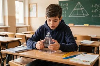 Élève de 4e tenant un modèle de pyramide à base triangulaire en classe de mathématiques