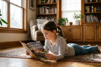 Jeune fille de 9 ans allongée sur le sol lisant un magazine coloré pour enfants dans un salon chaleureux