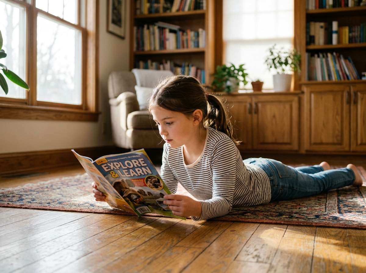 Jeune fille de 9 ans allongée sur le sol lisant un magazine coloré pour enfants dans un salon chaleureux