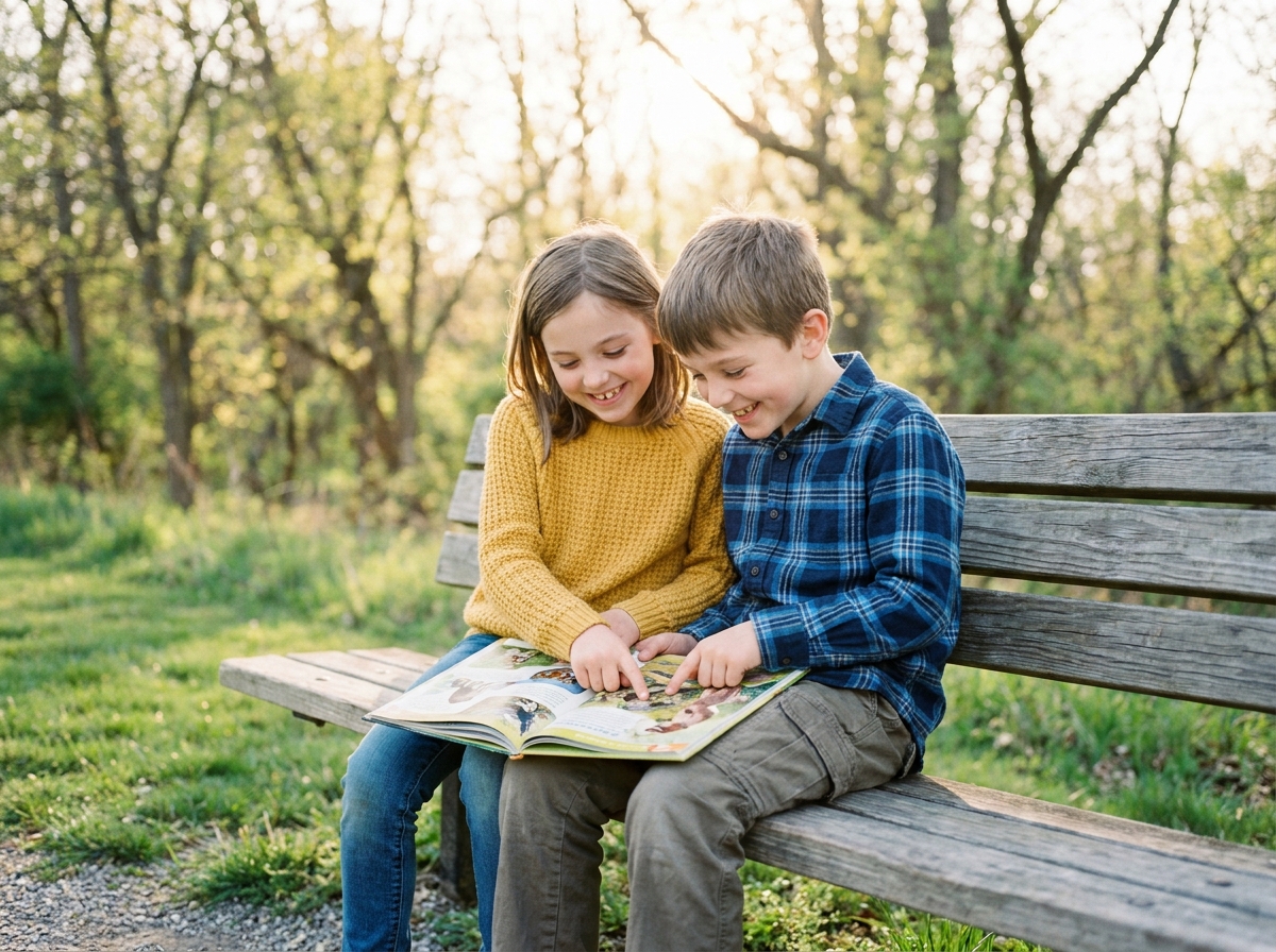 Deux enfants de 9 ans assis sur un banc dans un parc partageant un magazine illustré pour enfants
