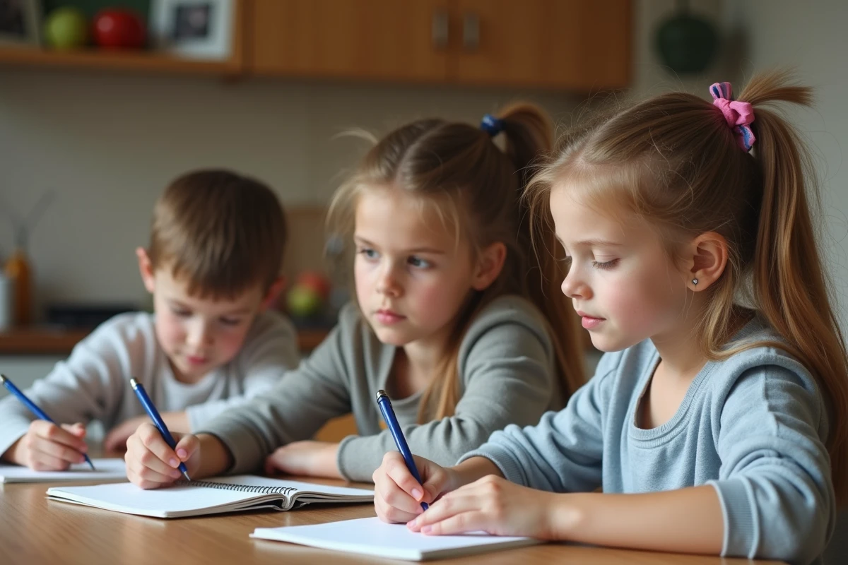 Enfants travaillant à la dictée dans une cuisine chaleureuse