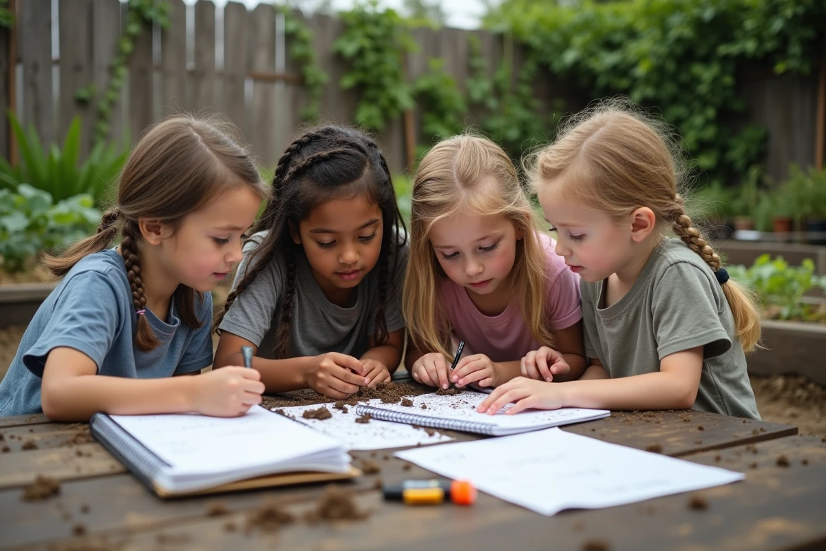 Groupe d'enfants réalisant un projet scientifique en plein air dans un jardin communautaire, illustrant une approche pédagogique alternative collaborative et basée sur la nature