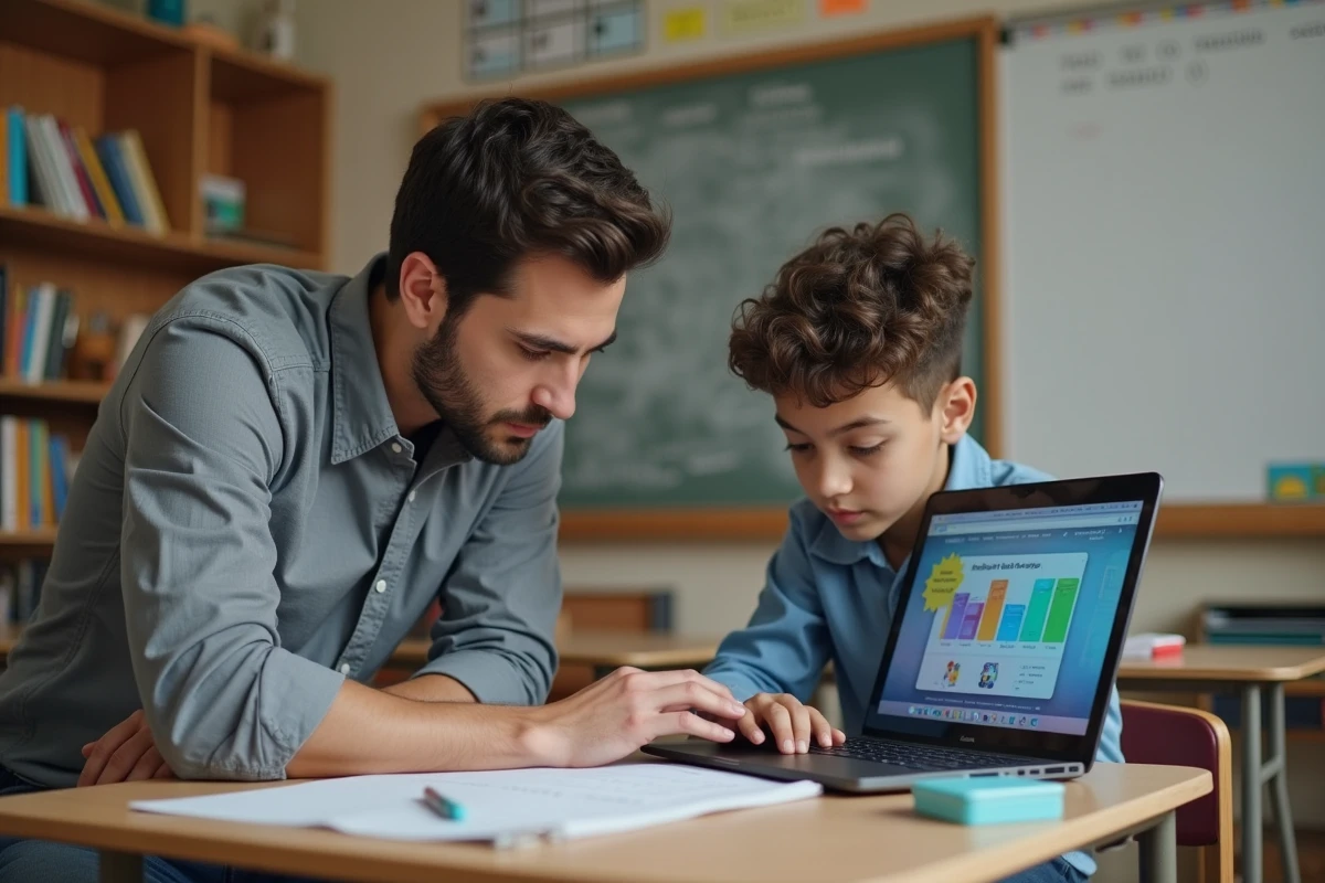 Enseignant accompagnant un élève à besoins particuliers sur l'ENT Cholet dans une salle de ressources scolaire