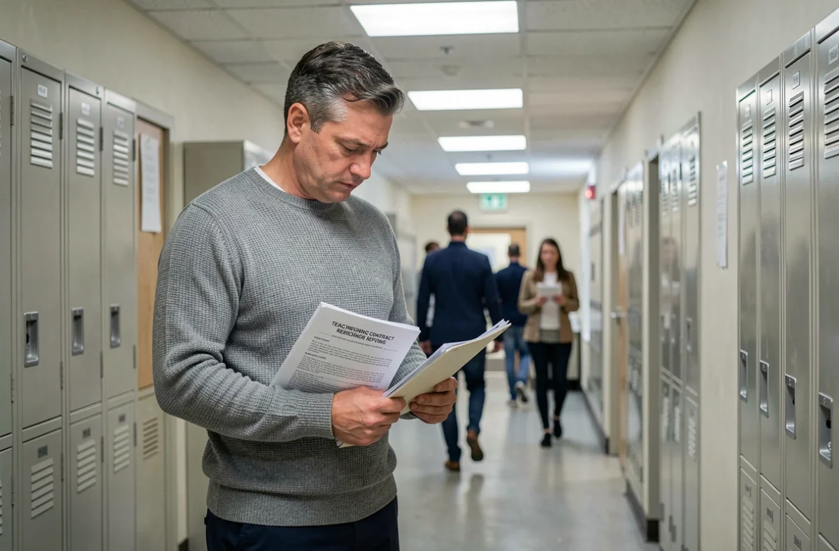 Enseignant dans un couloir scolaire tenant des documents relatifs aux réformes du Pacte enseignant 2026