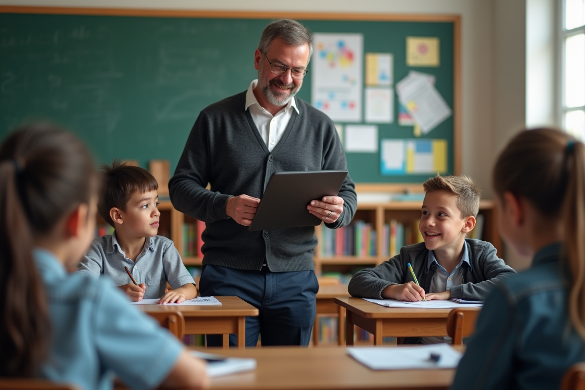 Enseignant montrant une tablette aux enfants en classe