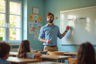 Jeune enseignant français expliquant intensif et extensif