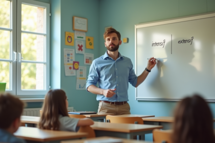 Jeune enseignant français expliquant intensif et extensif