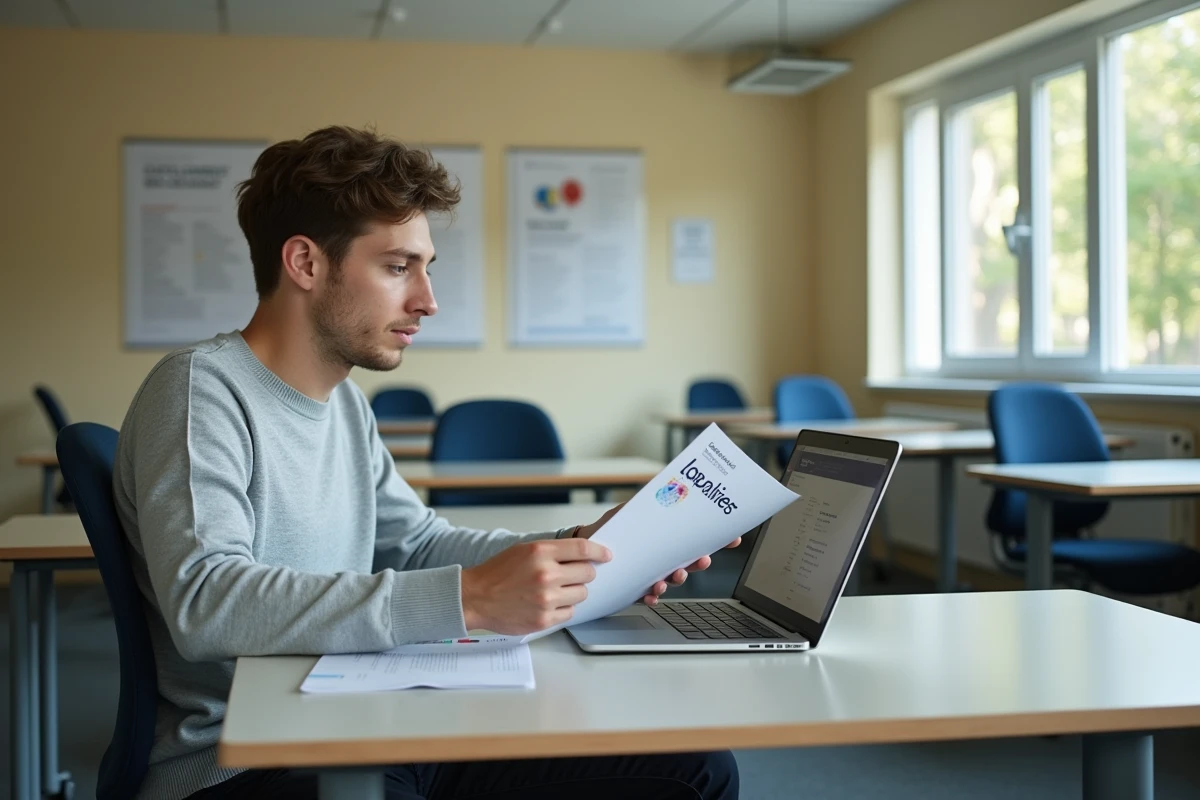 Jeune enseignant consultant le guide d'intégration de la PIA Académie Orléans Tours dans un espace de travail administratif, lors de sa prise de poste à l'Éducation nationale