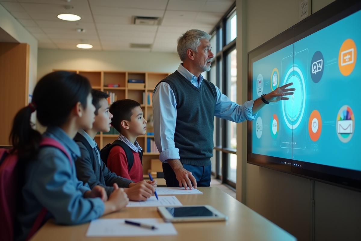 Professeur guidant une classe avec un écran interactif