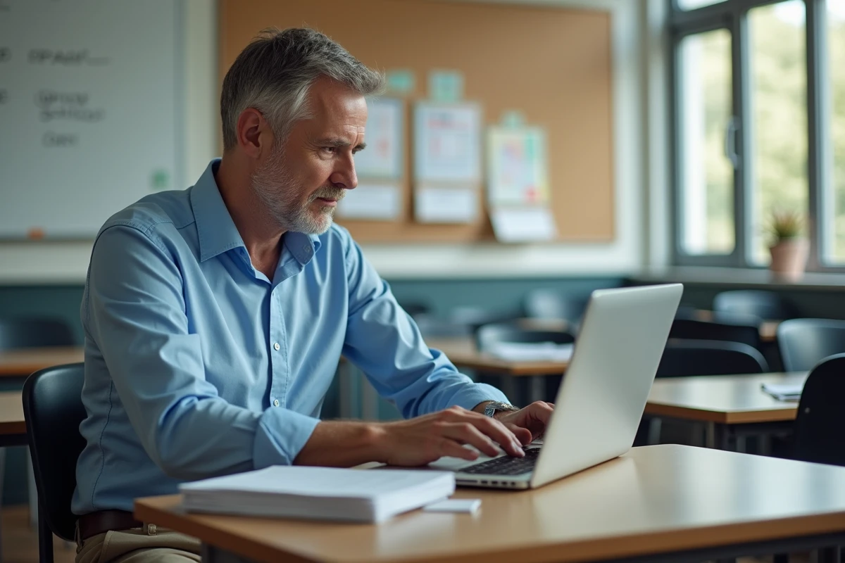 Professeur homme en classe moderne avec ordinateur