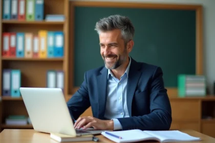 Professeur en costume dans une salle moderne
