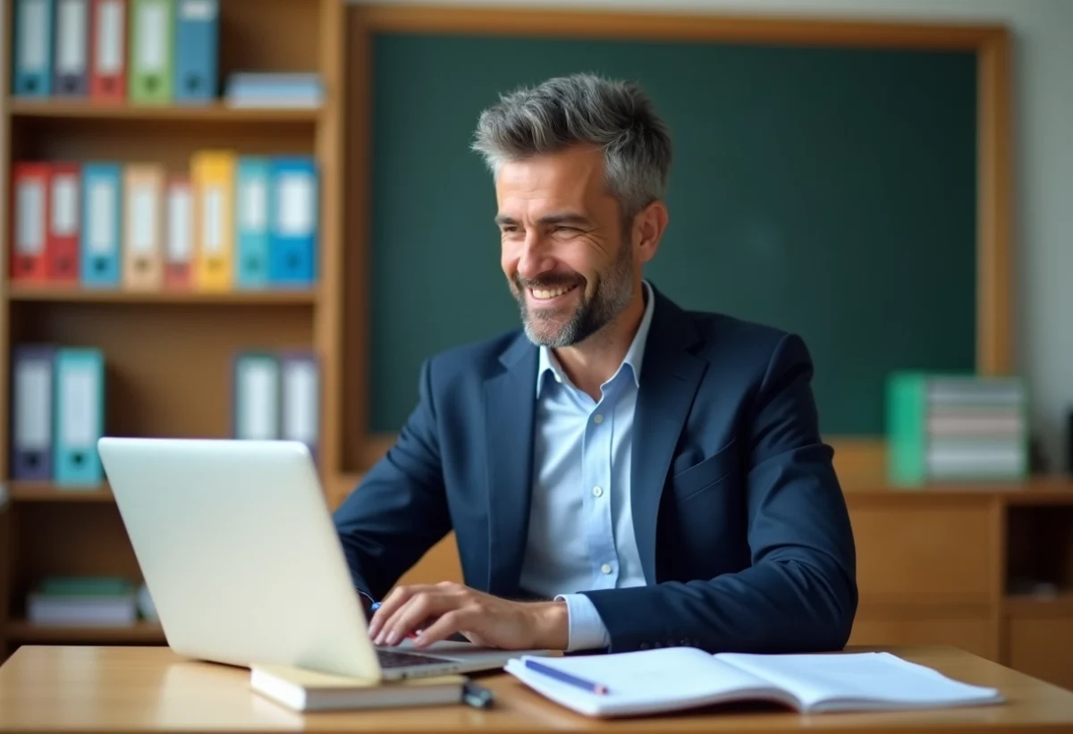 Professeur en costume dans une salle moderne