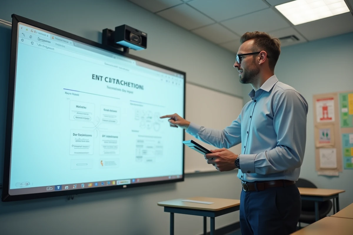 Enseignant présentant des ressources pédagogiques numériques sur un tableau interactif en classe