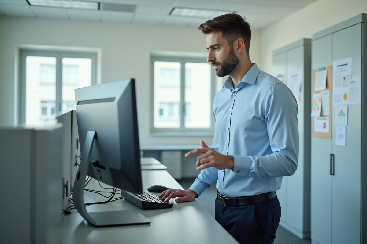 Enseignant vérifiant ses emails dans un bureau administratif moderne