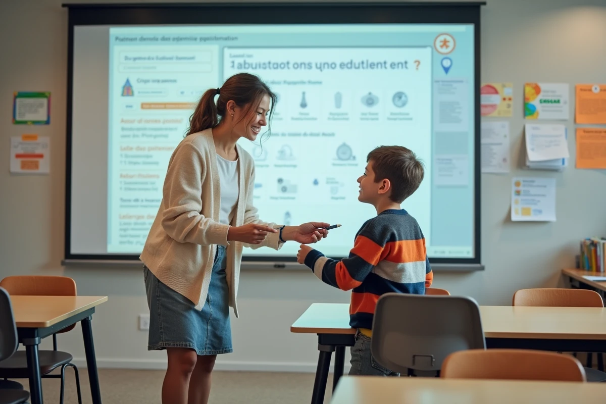 Une enseignante guide un élève avec un tableau interactif