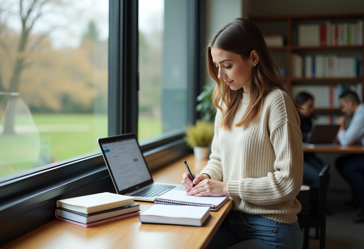 Jeune enseignante dans un lounge scolaire lumineux