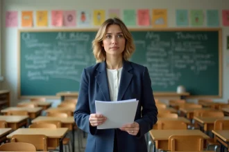 Enseignante d'école primaire tenant des copies corrigées devant un tableau de classe