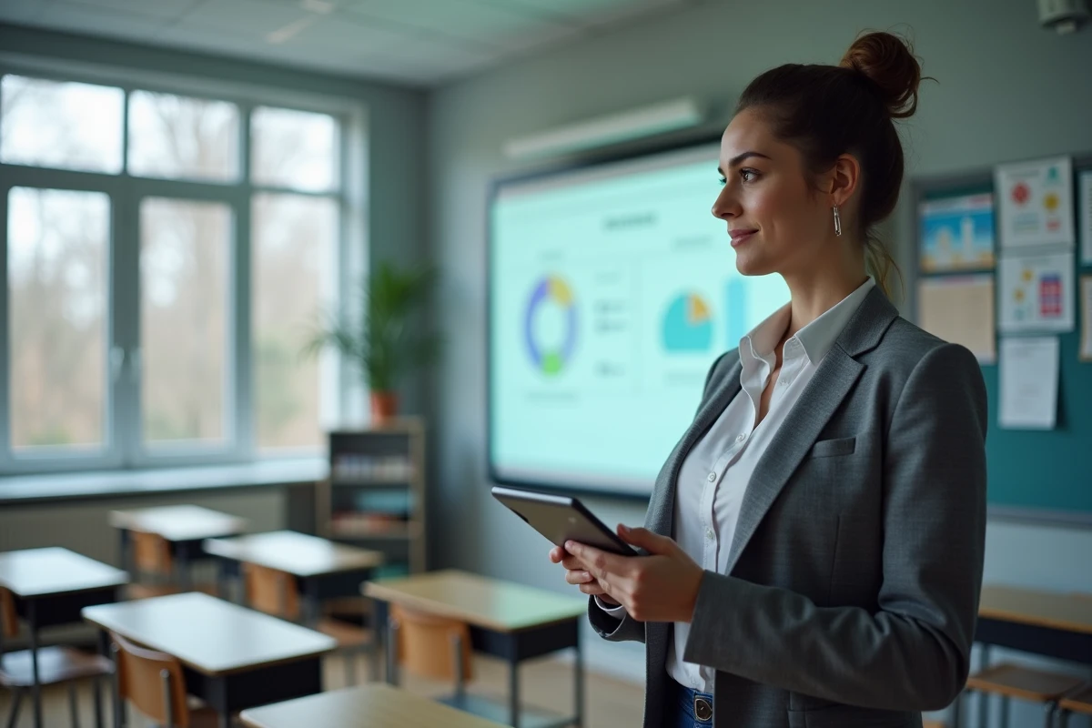Enseignante présentant les nouveautés de l'ENT eschool sur tableau numérique interactif dans une salle de classe