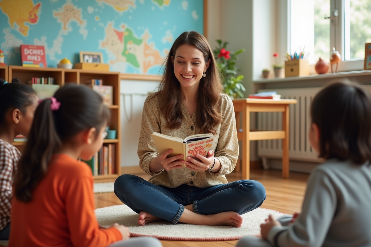Enseignante racontant une histoire aux enfants dans la classe