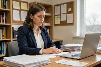 Enseignante préoccupée consultant ses fiches de paie et documents liés au Pacte enseignant dans une salle des professeurs