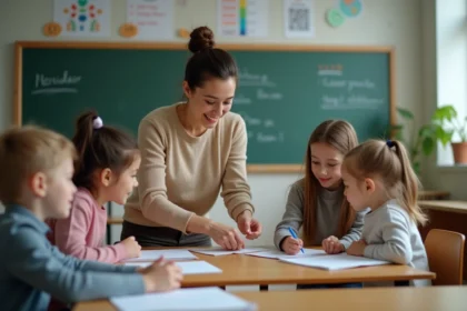 Jeune enseignante guidant des élèves en sciences dans une classe moderne
