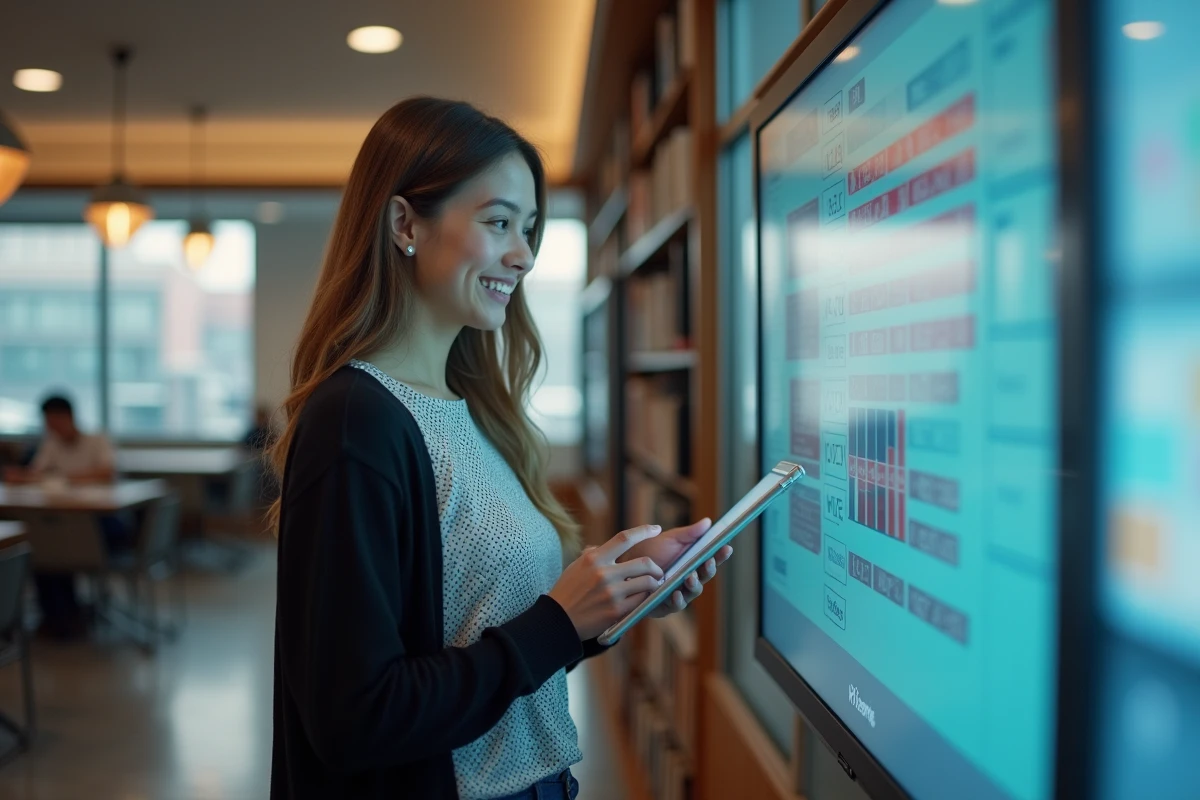 Jeune enseignante utilisant une tablette dans un espace collaboratif