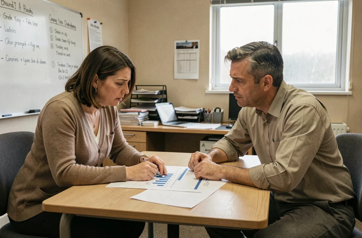 Deux enseignants analysant ensemble une feuille de calcul sur leurs revenus annexes face aux changements du Pacte enseignant