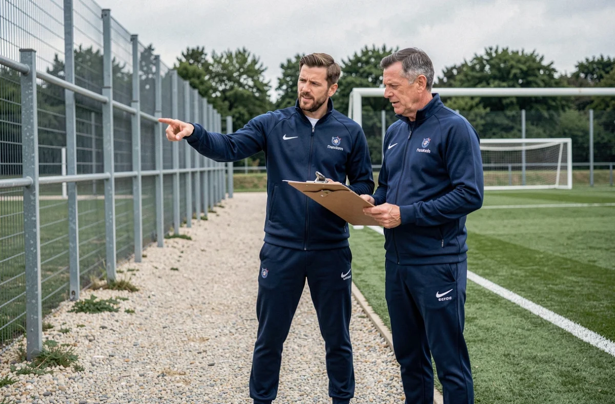 Deux entraîneurs du centre de formation de l'OM analysant des tactiques en bord de terrain lors d'une session d'entraînement