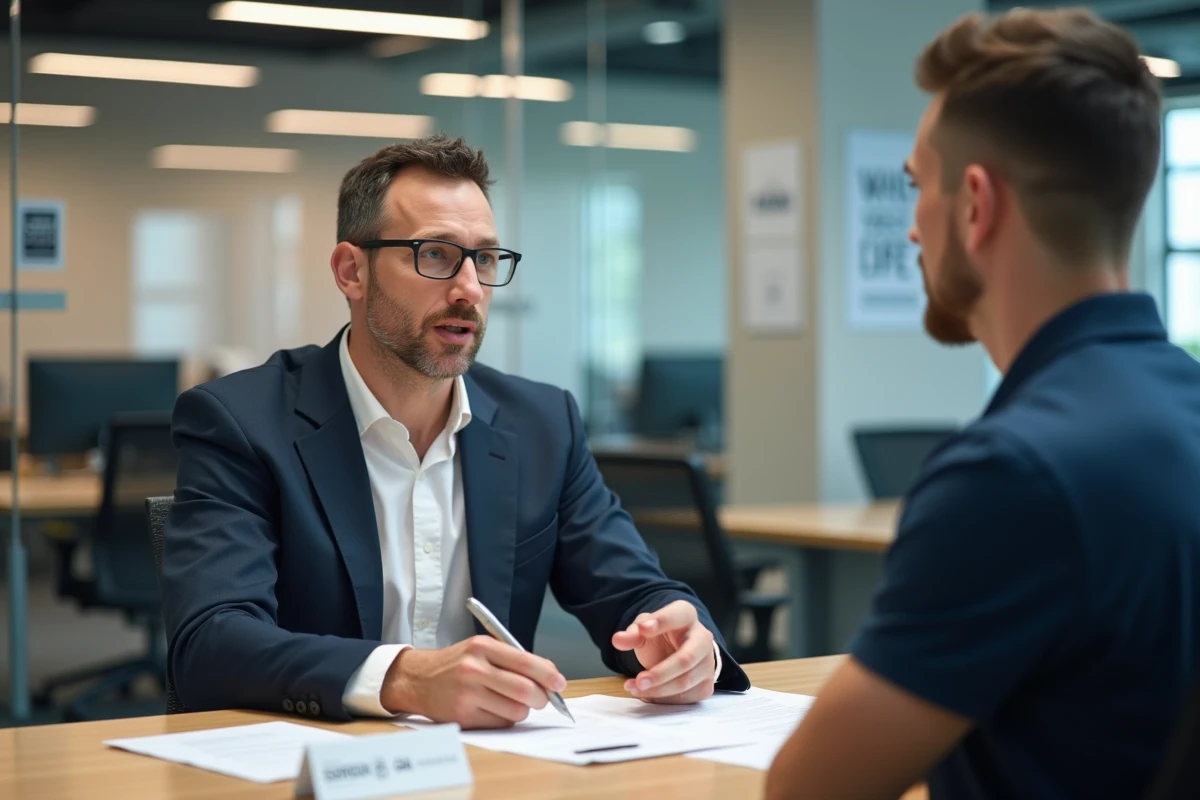 Entretien d'embauche en agence d'intérim pour un poste de cariste avec certification CACES mise en avant sur le bureau