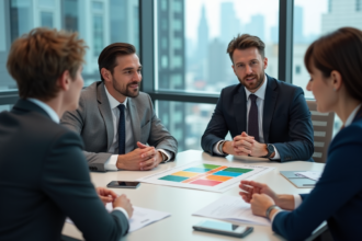 Groupe de professionnels discutant autour d'un tableau SWOT