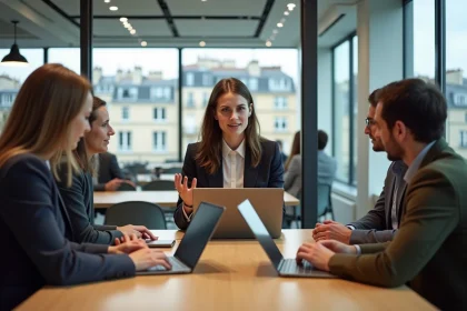 Groupe de professionnels dans un espace coworking à Paris
