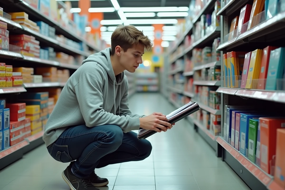Étudiant comparant des cahiers de prépa pas chers dans le rayon papeterie d'un magasin discount
