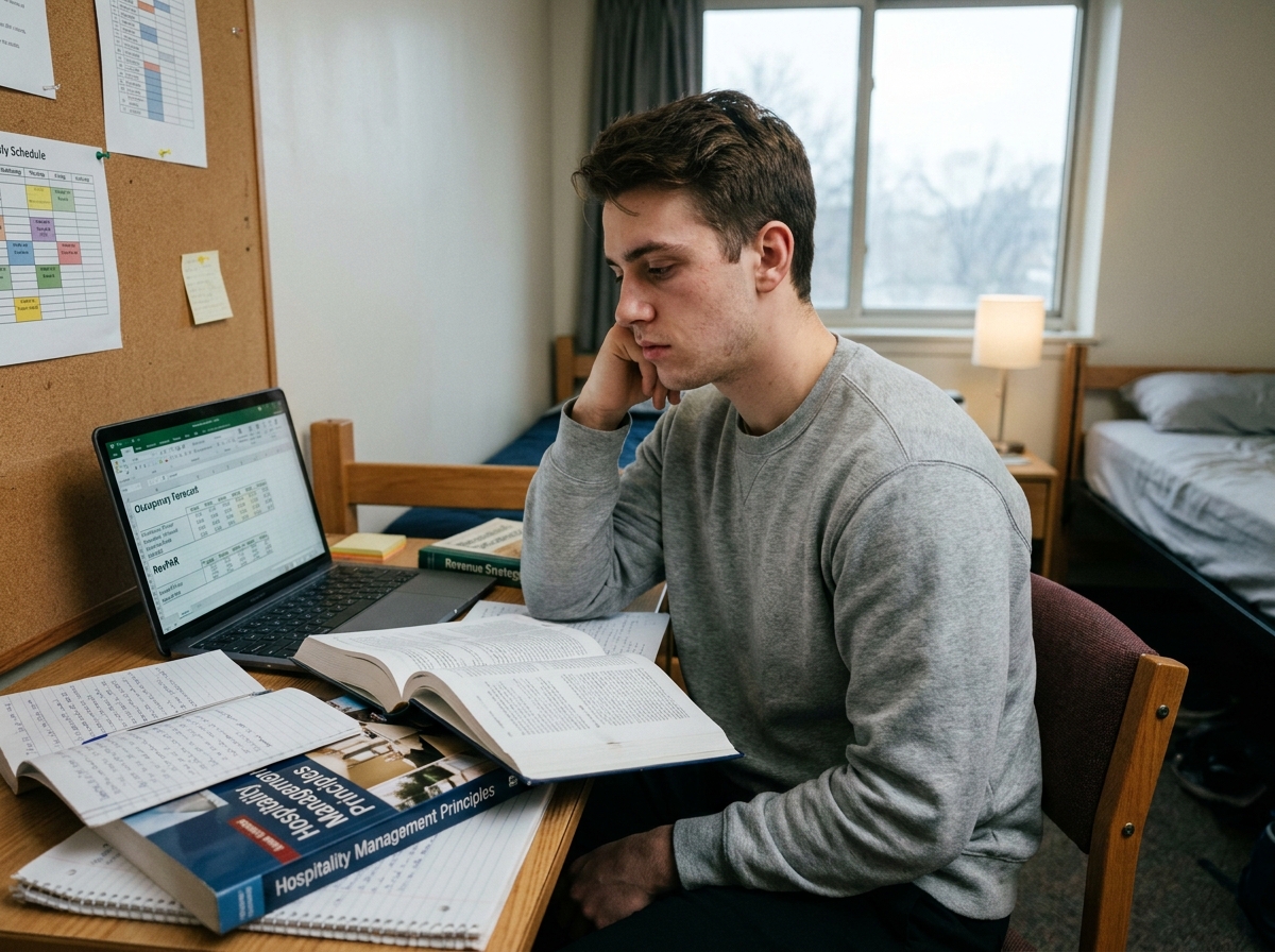 Étudiant en bachelor hôtellerie révisant seul dans sa chambre entouré de cours et de manuels