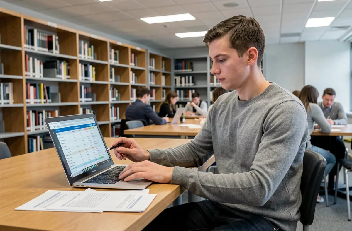 Étudiant masculin en bibliothèque universitaire consultant un tableau de conversion de notes sur 20 affiché sur son ordinateur portable
