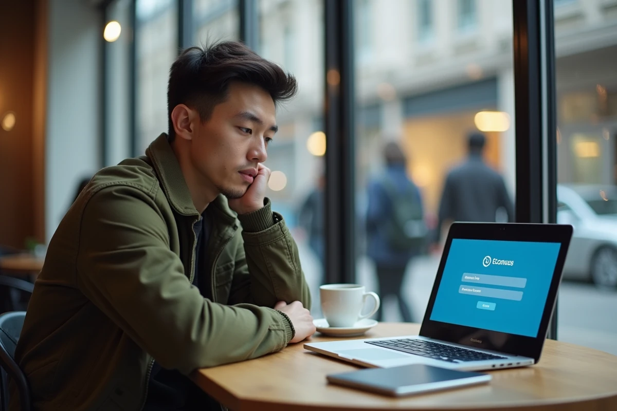Jeune étudiant en café tentant de se connecter à son espace numérique universitaire sur son ordinateur portable