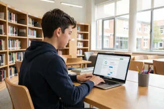 Étudiant consultant le portail de son école sur un ordinateur portable