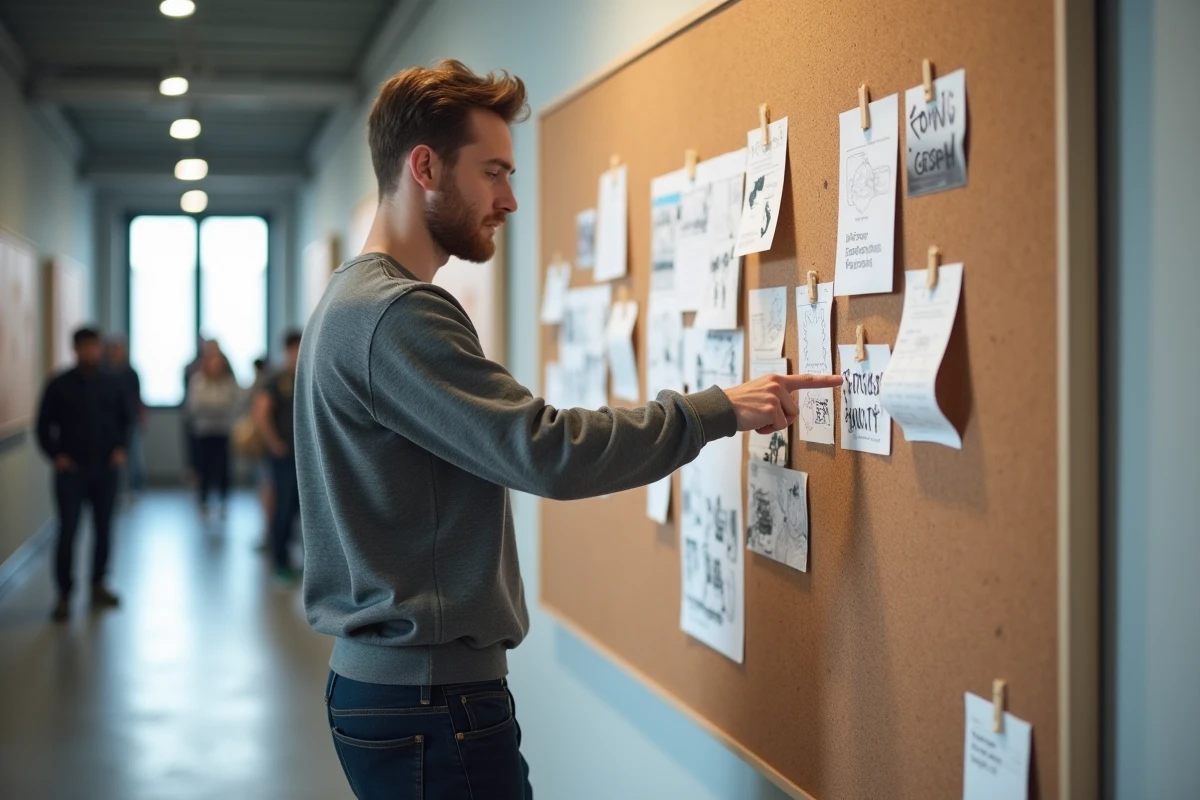 Étudiant en design analysant son book créatif épinglé au mur dans un couloir d'école d'art, préparant sa candidature à Gobelins ou une école concurrente
