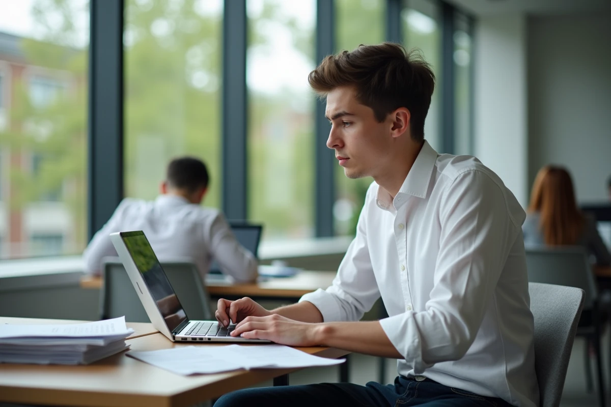 Étudiant en classe préparatoire ECE distrait devant son ordinateur portable dans une salle commune avec des cours en désordre
