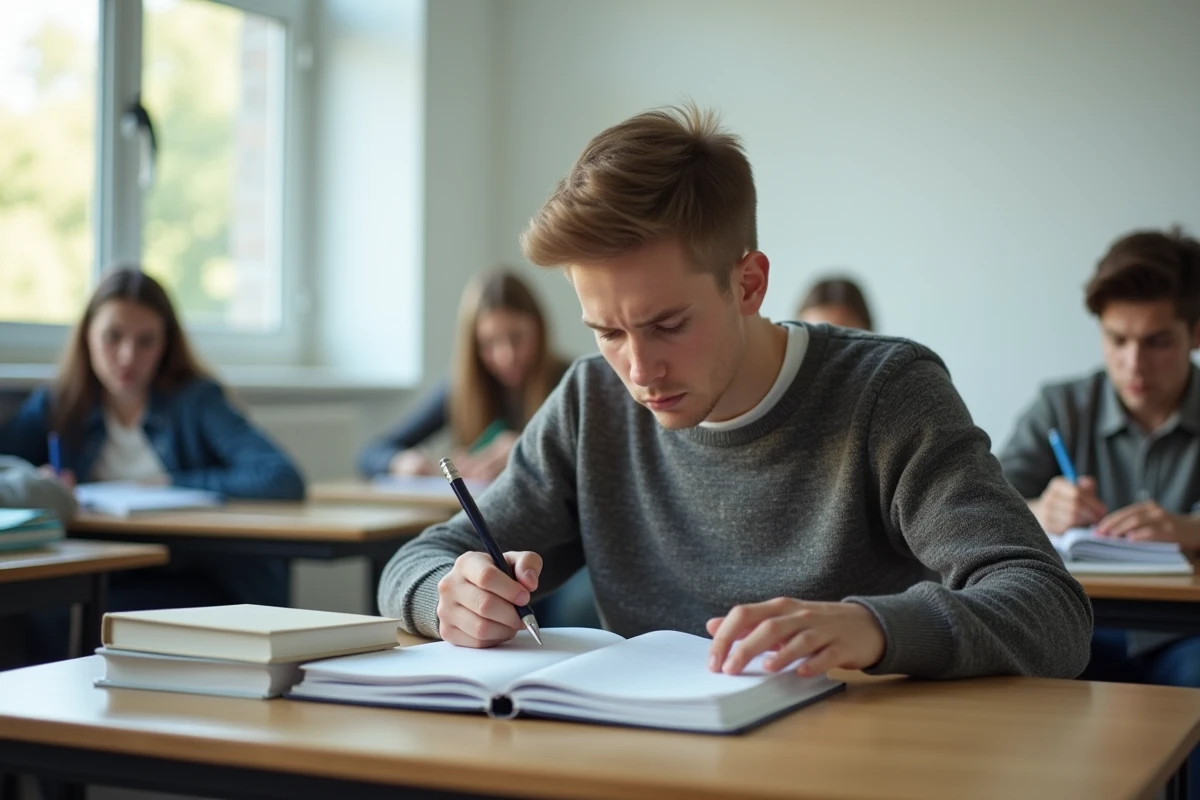 Jeune étudiant concentré vérifiant ses réponses d'examen