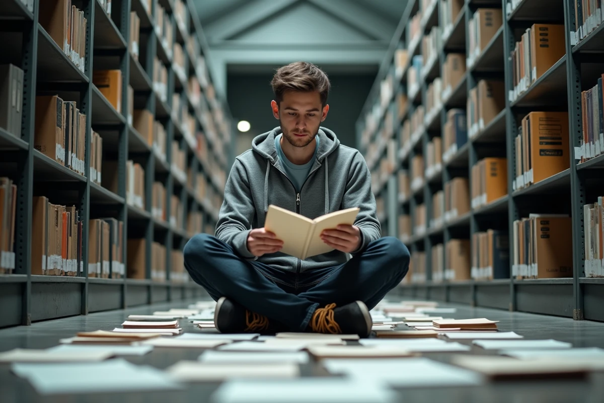 Étudiant en train de réviser ses fiches de révision par terre dans une bibliothèque universitaire