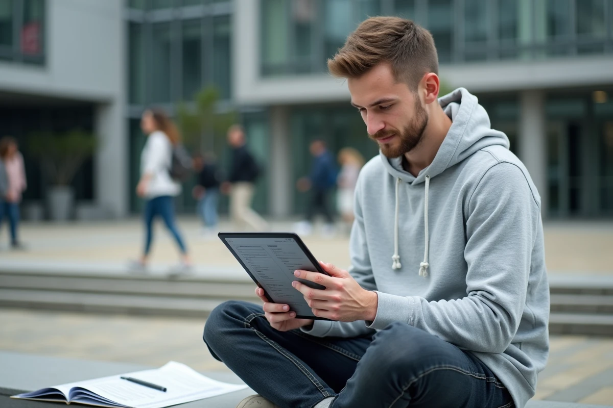 Étudiant utilisant la plateforme de scolarité LISE sur tablette dans un campus d'école d'ingénieurs