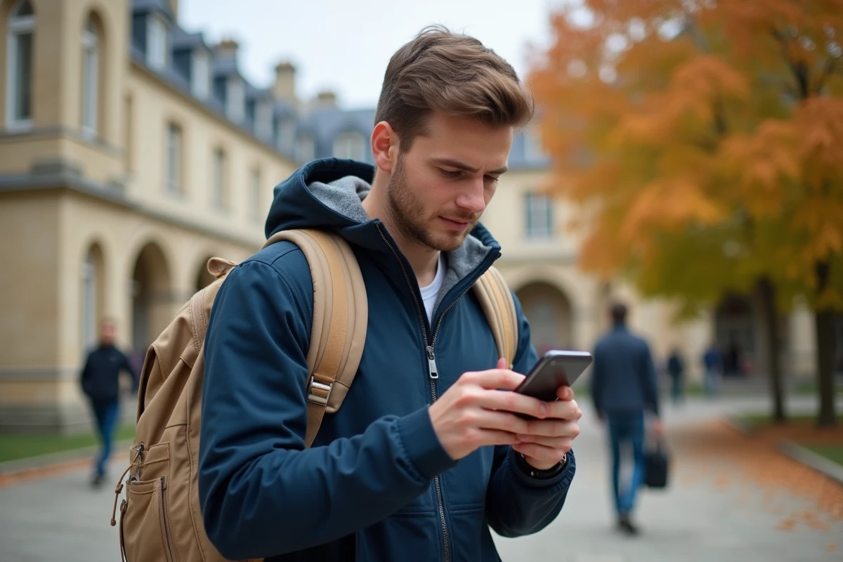 Étudiant masculin vérifiant son planning universitaire sur téléphone devant un bâtiment de l'université d'Angers