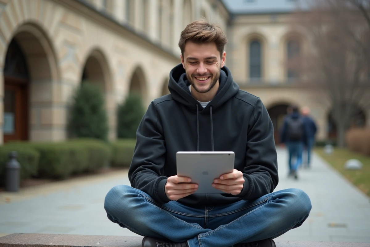 Étudiant consultant le portail Alcuin ESME sur une tablette en extérieur sur un campus universitaire