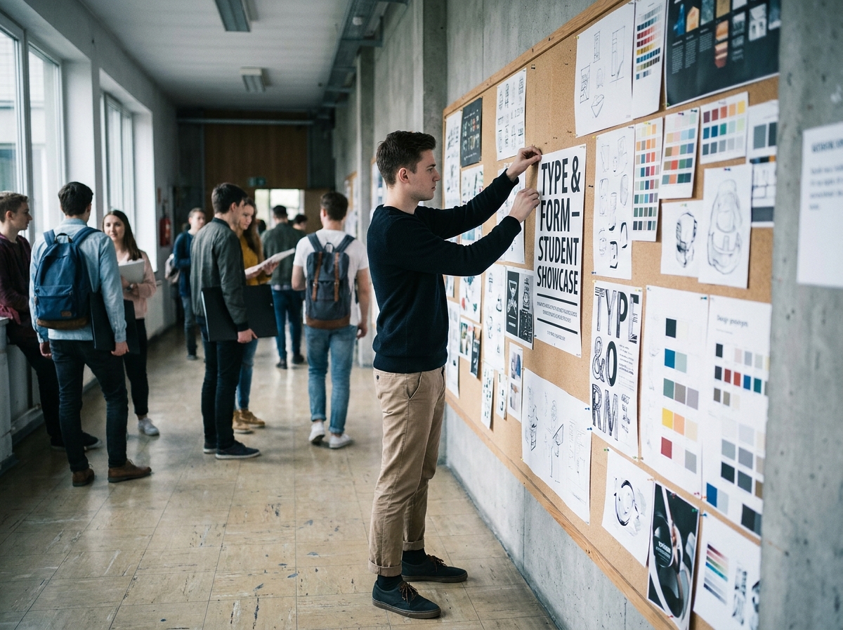 Étudiant en école de design accrochant son projet de typographie dans un couloir de prépa artistique