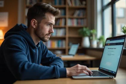 Étudiant universitaire frustré face à une erreur de connexion sur son ordinateur portable dans sa chambre de résidence