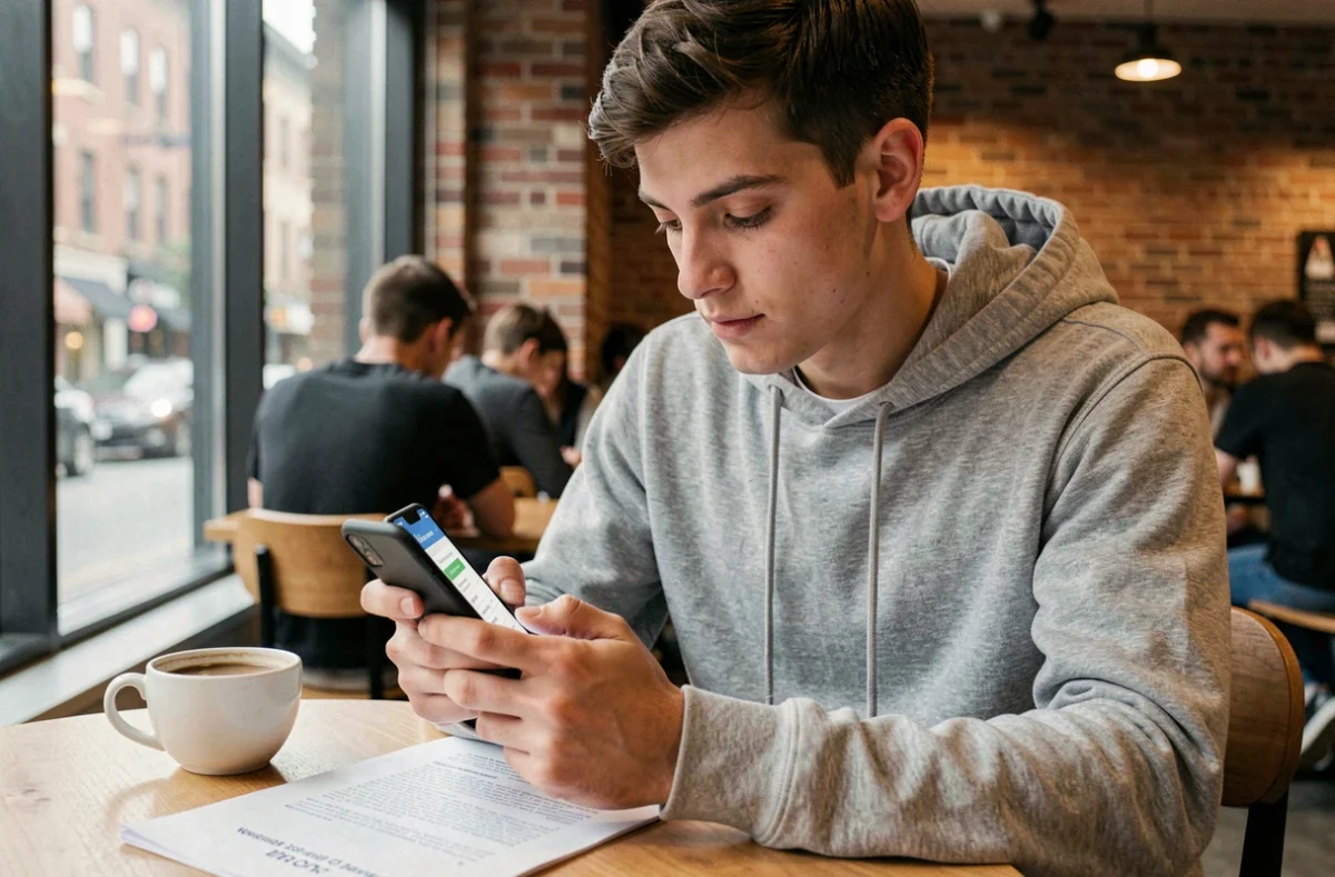 Étudiant vérifiant les résultats de son dossier Cuyclade sur smartphone dans un café